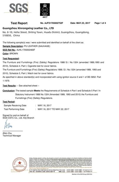 Çin Guangzhou Xinrongxing Leather Co., Ltd. Sertifikalar